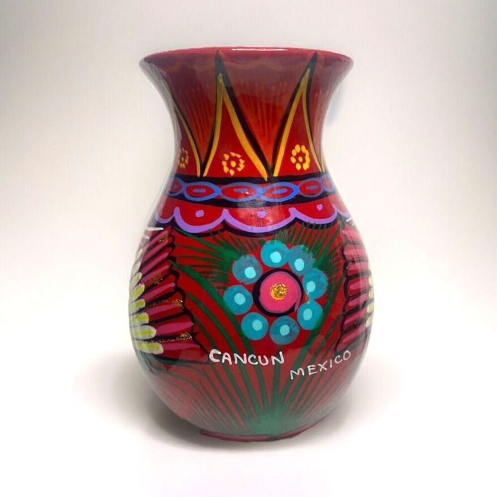 Cancun Mexico Handpainted Terracotta Vase